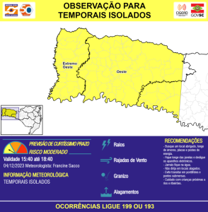 Defesa Civil SC emite observação Meteorológica possibilidade de