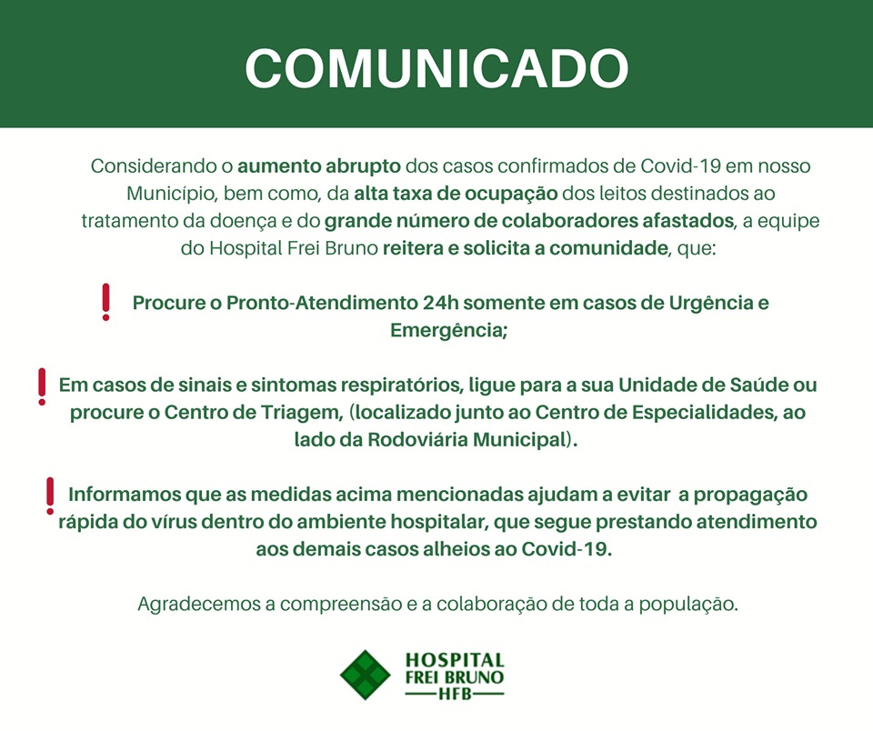 Hospital Frei Bruno, de Xaxim, faz comunicado