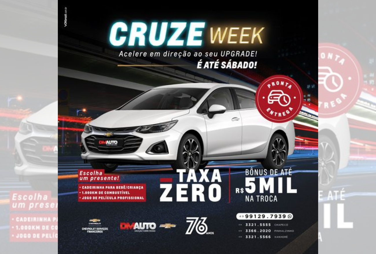 Cruze Week na DM Auto Chevrolet de Xanxerê tem taxa Zero, confira: