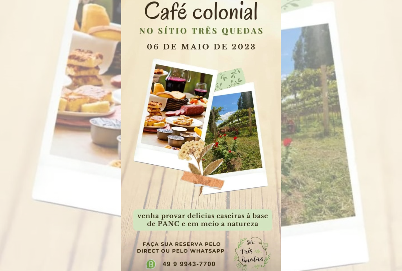 Sítio Três Quedas realiza café colonial neste próximo sábado (06)