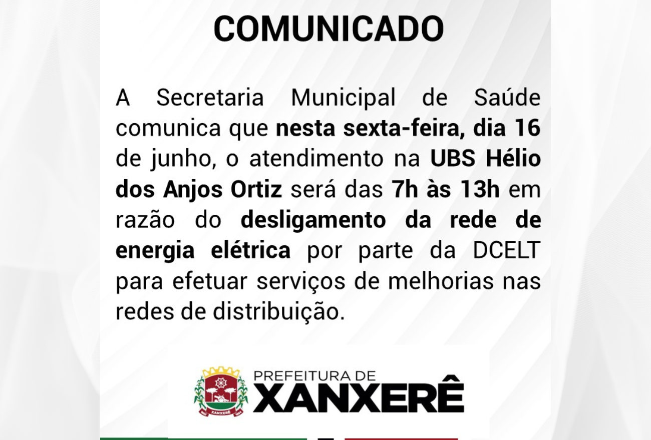 SAÚDE: comunicado de horário de atendimento UBS Hélio dos Anjos Ortiz