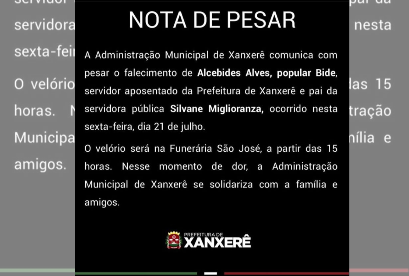 Administração Municipal de Xanxerê emite nota de pesar