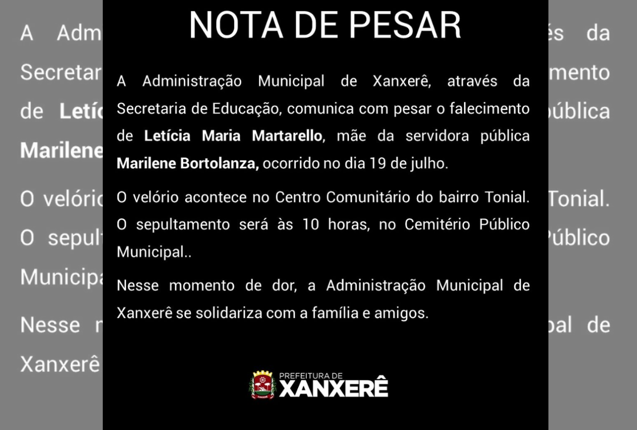 Administração Municipal de Xanxerê emite nota de pesar