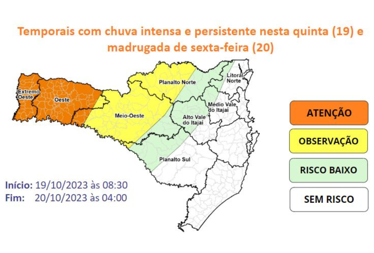 Alerta meteorológica Defesa Civil SC: temporais com chuva intensa e persistente nesta quinta (19) e madrugada de sexta-feira (20)