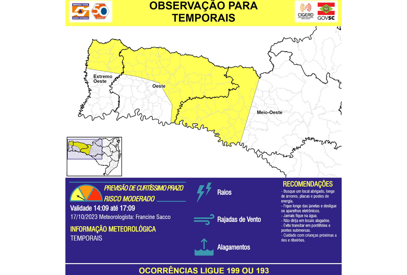 Defesa Civil de Santa Catarina alerta sobre risco de temporais na região Oeste